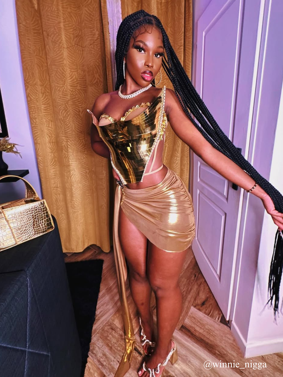 Keisha Rhinestone Metallic Skirt Set In Gold