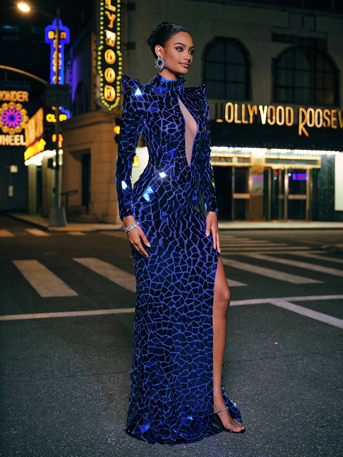 Kellan Long Sleeve Embellished Split Maxi Dress In Blue