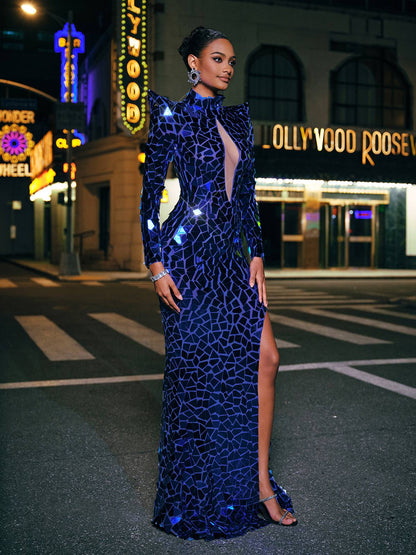 Kellan Long Sleeve Embellished Split Maxi Dress In Blue