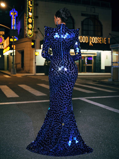 Kellan Long Sleeve Embellished Split Maxi Dress In Blue