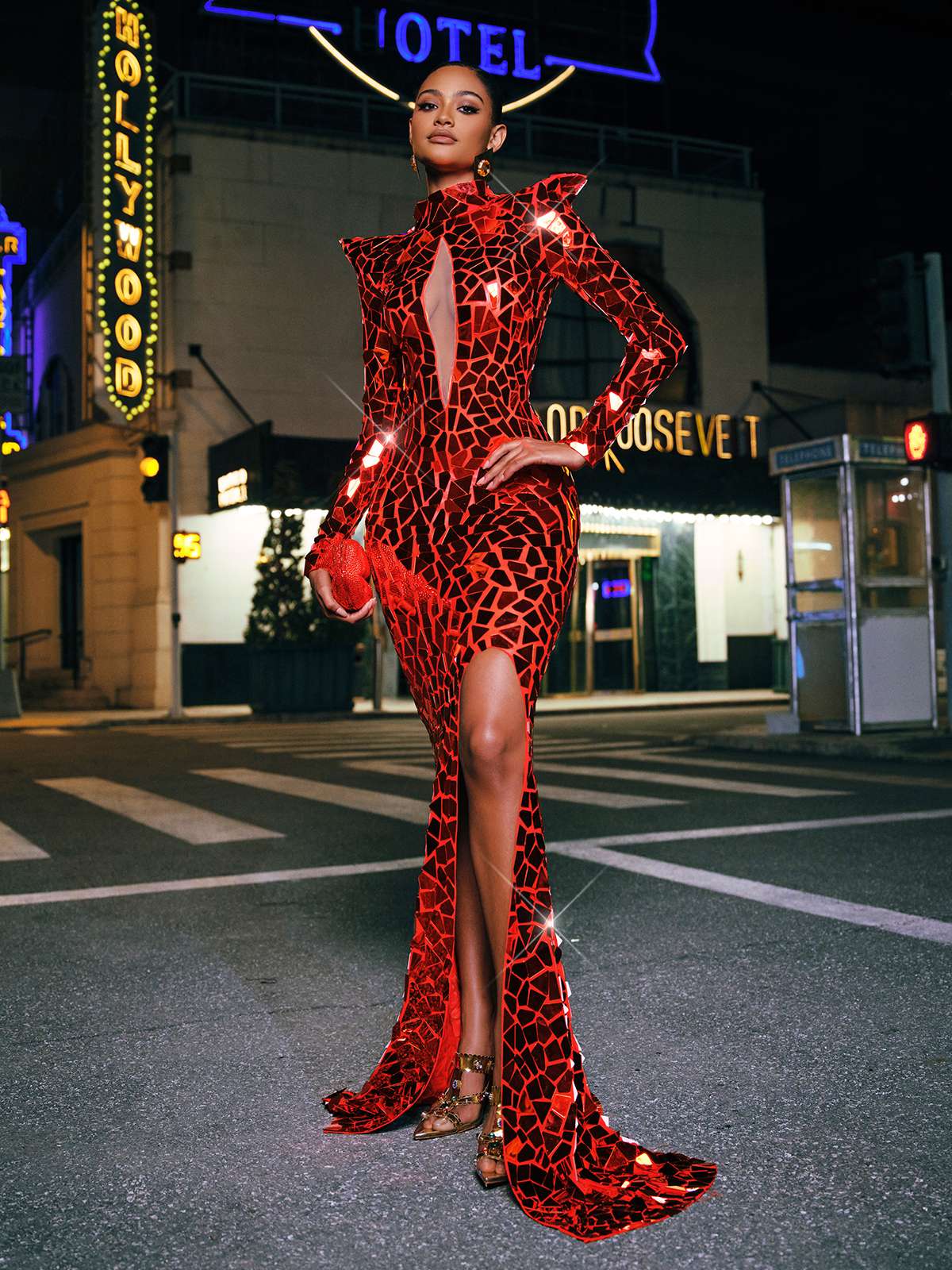 Kellan Long Sleeve Embellished Split Maxi Dress In Red