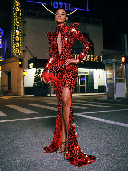 Kellan Long Sleeve Embellished Split Maxi Dress In Red