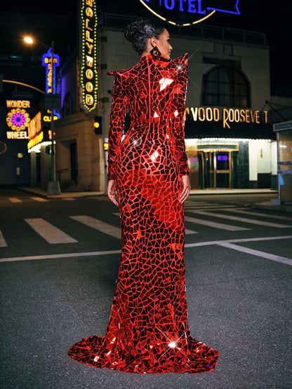 Kellan Long Sleeve Embellished Split Maxi Dress In Red