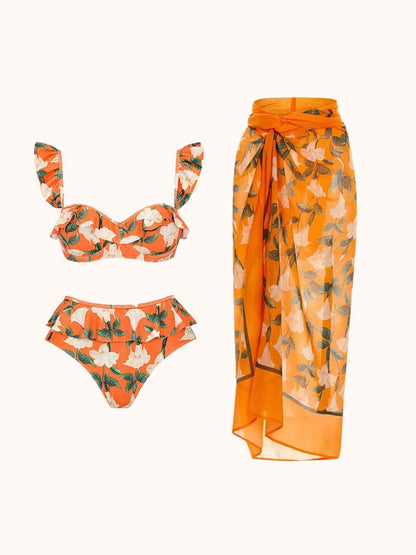 Kesia Ruffle Printed Bikini Three Piece Set