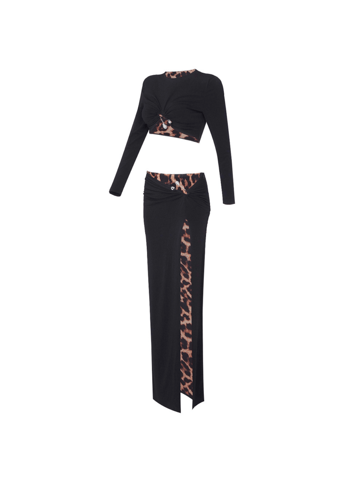 Kitto Long Sleeve Leopard Split Skirt Set