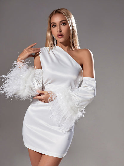 Klara Satin Feather Trimmed Mini Dress In White