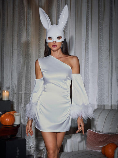 Klara Satin Feather Trimmed Mini Dress In White