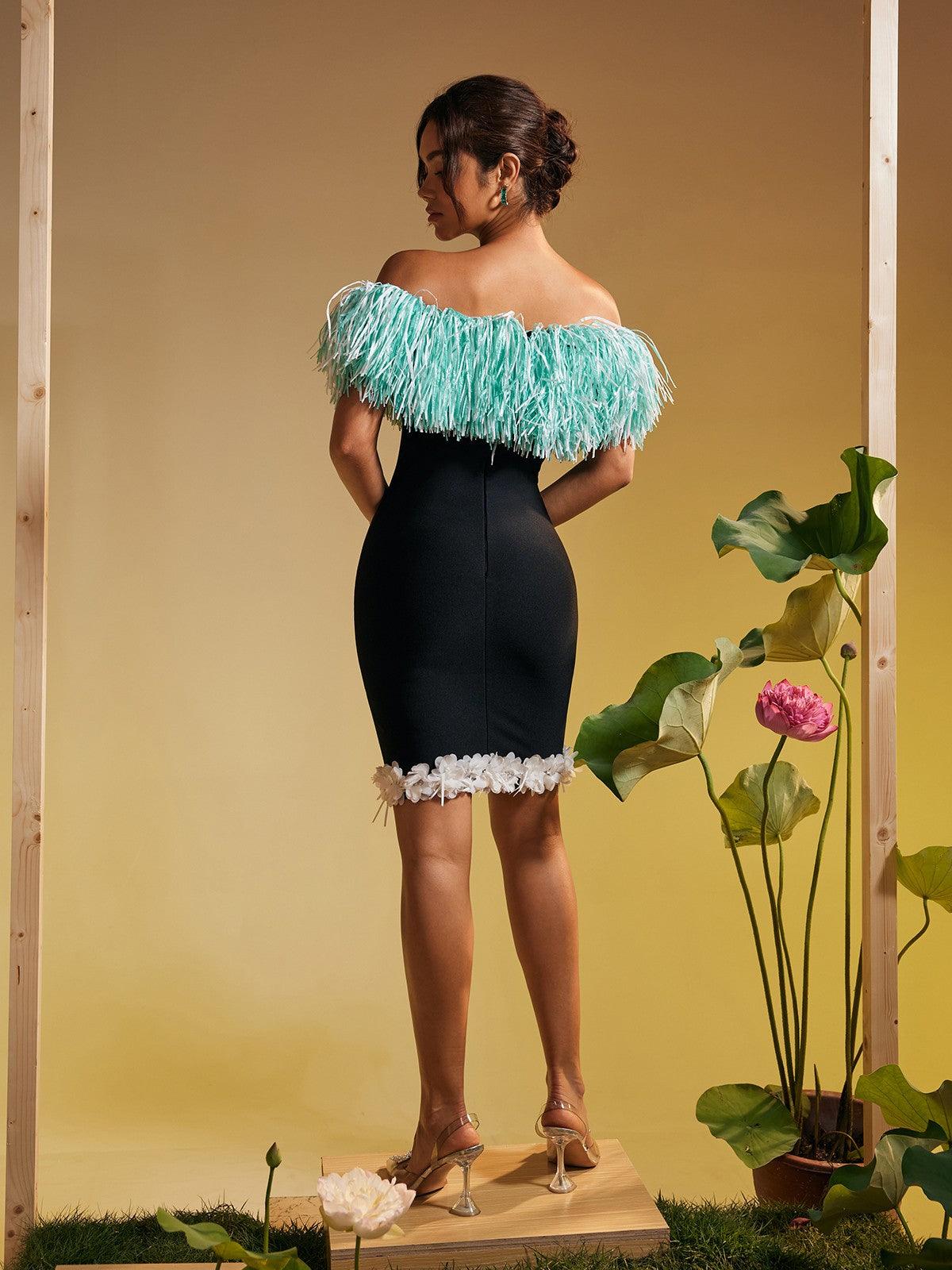 Koda Strapless Fringe Flower Bandage Mini Dress