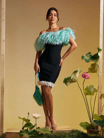 Koda Strapless Fringe Flower Bandage Mini Dress