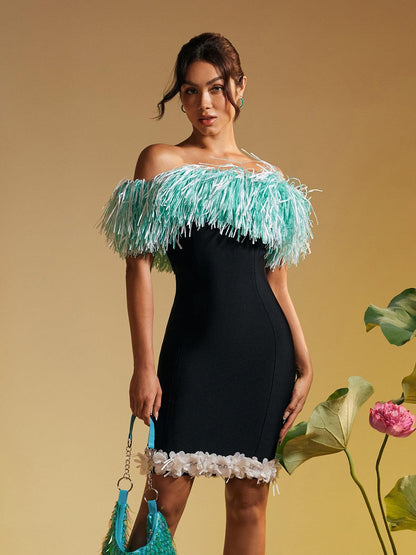 Koda Strapless Fringe Flower Bandage Mini Dress