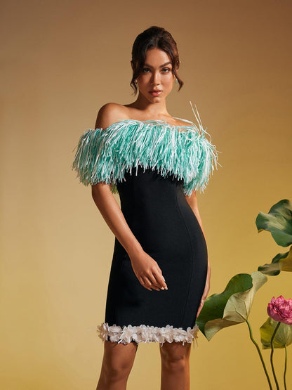Koda Strapless Fringe Flower Bandage Mini Dress