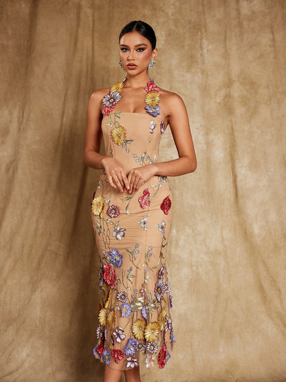 Kohen Halterneck Flower Embroidered Midi Dress
