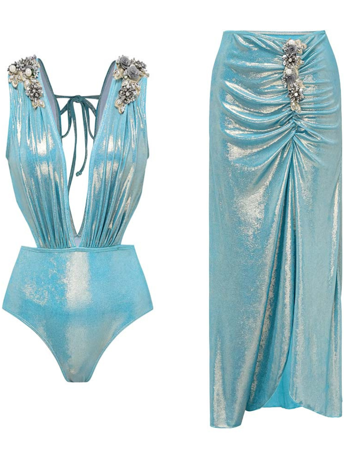 Korbin Cutout Ruched Split Sequin Skirt Set