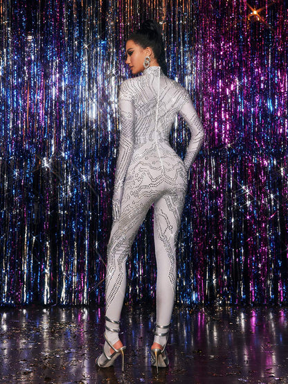 Kryxara High Neck Rhinestone Jumpsuit With Gloves
