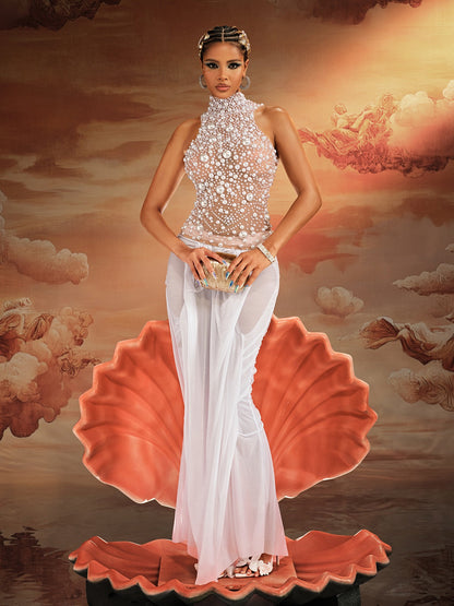 Kunigunde High Neck Lace Up Pearl Mesh Top