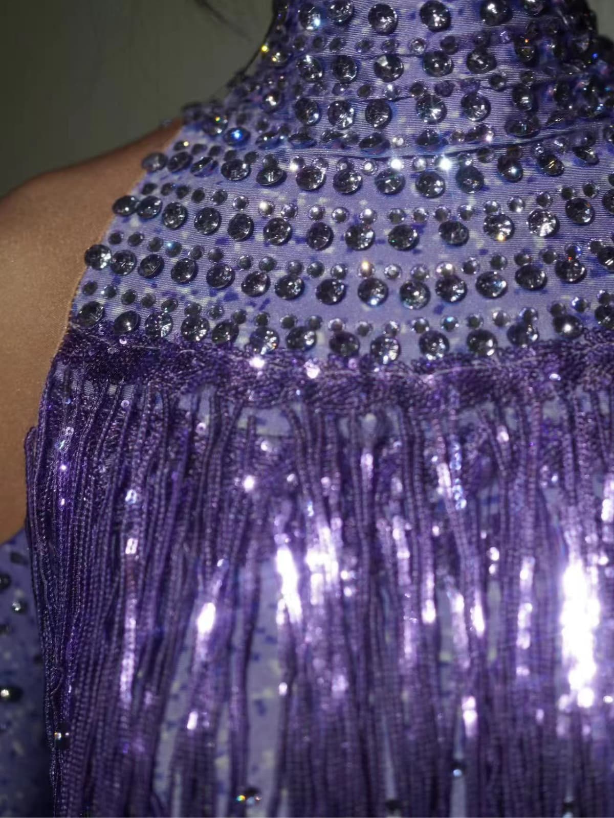 Lakendra Long Sleeve Crystal Fringe Bodysuit In Purple