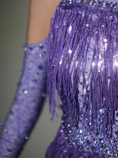 Lakendra Long Sleeve Crystal Fringe Bodysuit In Purple