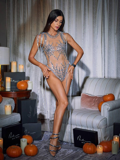 Lamia Cobweb Fringe Sequin Bodysuit