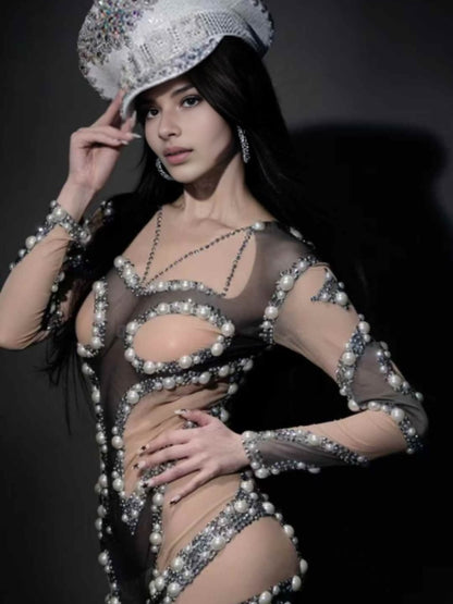 Larisa Long Sleeve Pearl Mesh Jumpsuit