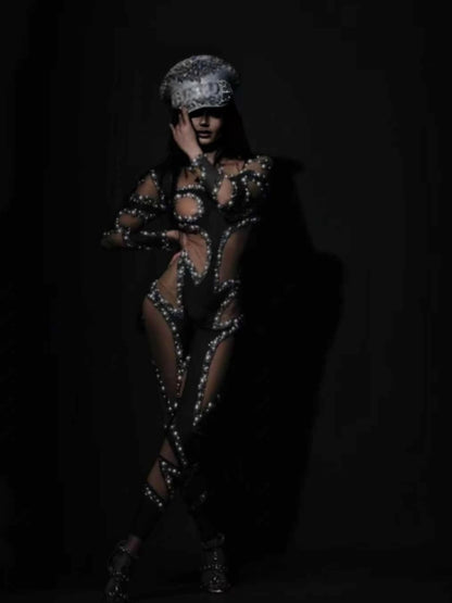 Larisa Long Sleeve Pearl Mesh Jumpsuit