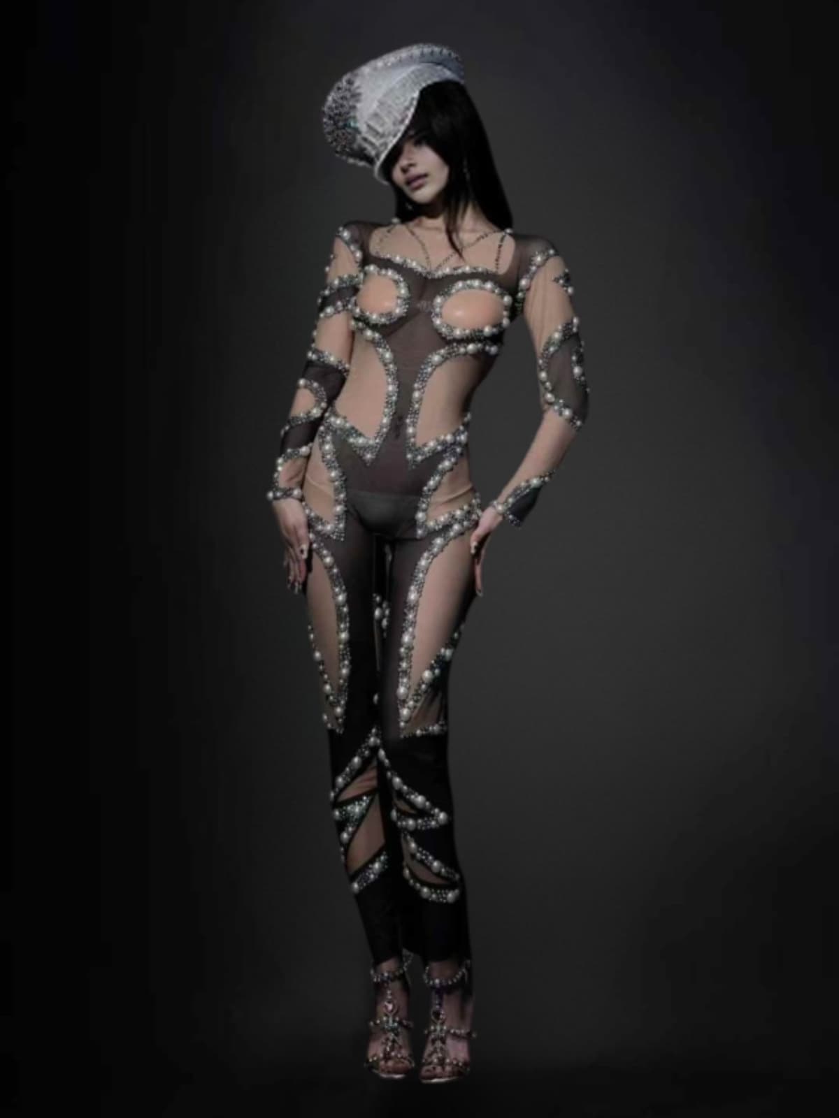 Larisa Long Sleeve Pearl Mesh Jumpsuit