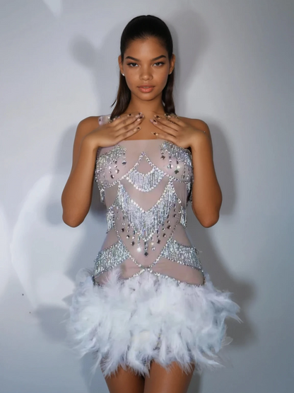 Lavali Halterneck Crystal Feather Mini Dress