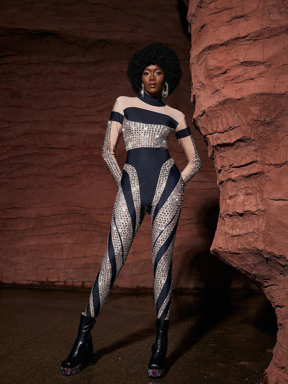 Leatrice Square Rhinestone Stripe Jumpsuit