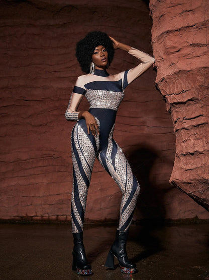 Leatrice Square Rhinestone Stripe Jumpsuit