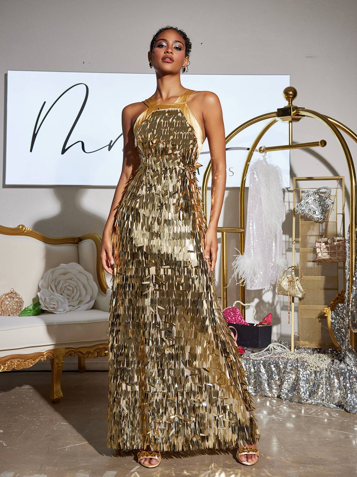Leosan Bow Sequin Maxi Dress