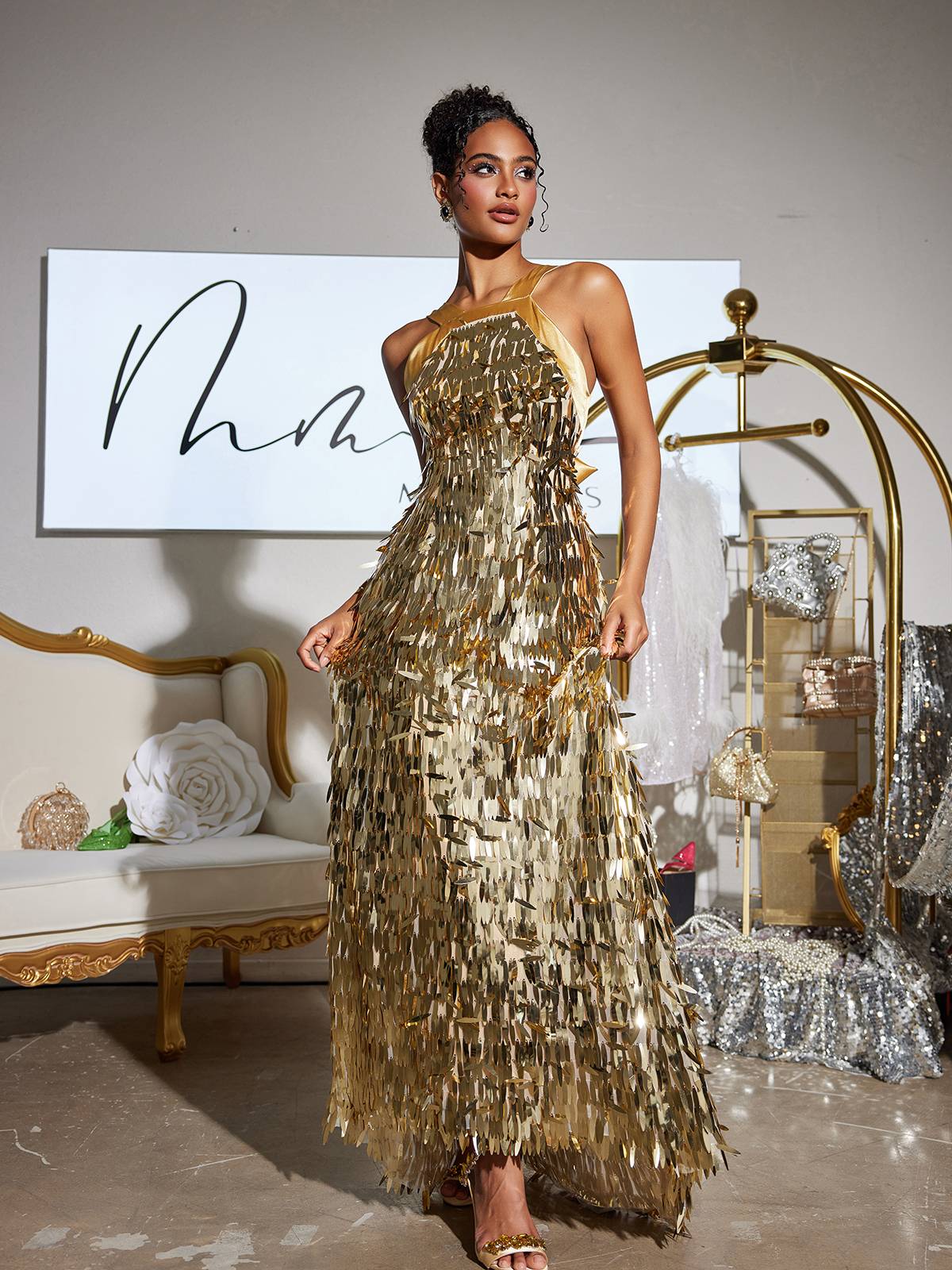 Leosan Bow Sequin Maxi Dress
