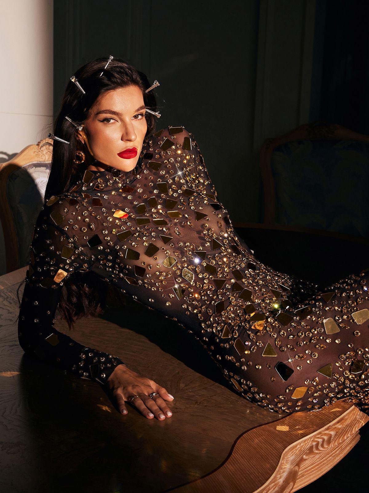 Liliana High Neck Acrylic Mesh Maxi Dress