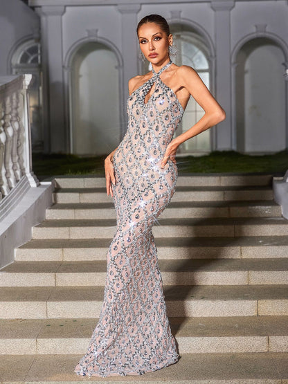 Liora Backless Sequin Crystal Maxi Dress In Nude