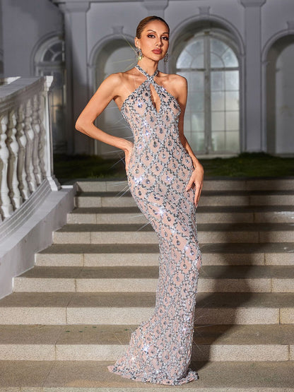 Liora Backless Sequin Crystal Maxi Dress In Nude