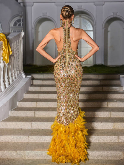 Liora Crystal Feather Mesh Maxi Dress In Gold