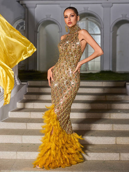 Liora Crystal Feather Mesh Maxi Dress In Gold