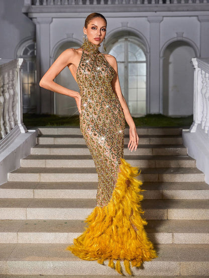 Liora Crystal Feather Mesh Maxi Dress In Gold