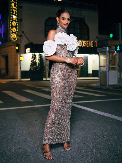 Liora Flower Sequin Crystal Maxi Dress