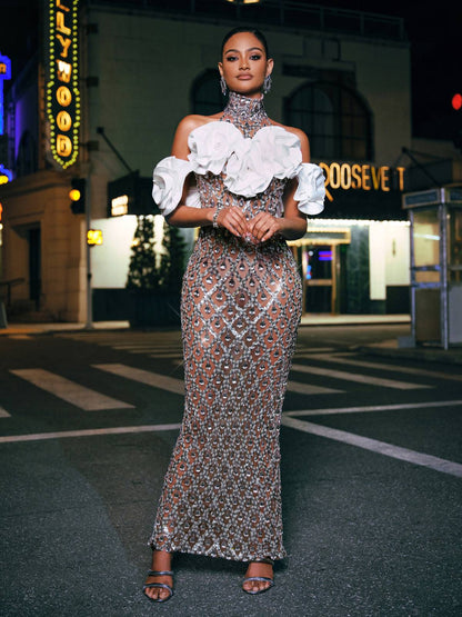 Liora Flower Sequin Crystal Maxi Dress