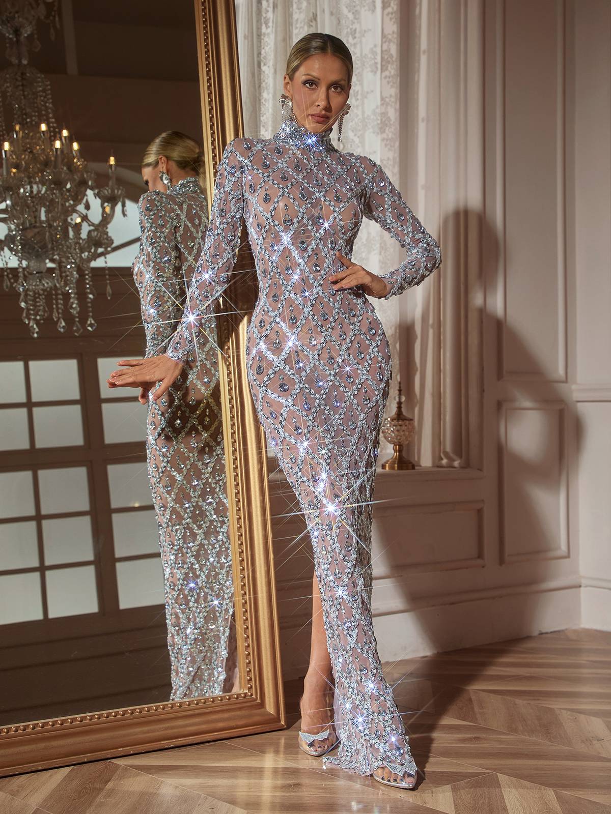 Liora Long Sleeve Sequin Crystal Maxi Dress In Silver