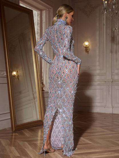 Liora Long Sleeve Sequin Crystal Maxi Dress In Silver