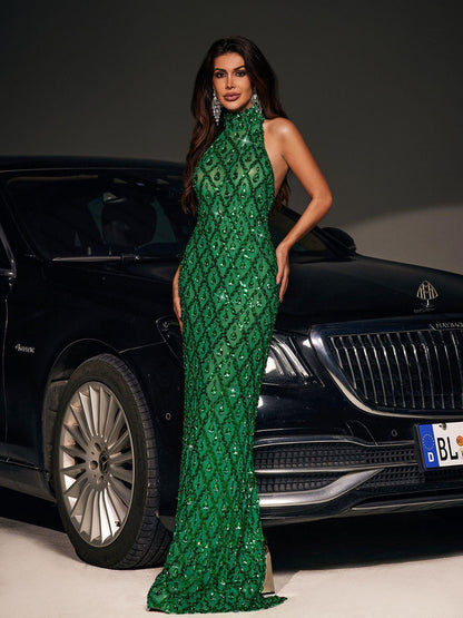 Liora Sequin Crystal Maxi Dress In Green