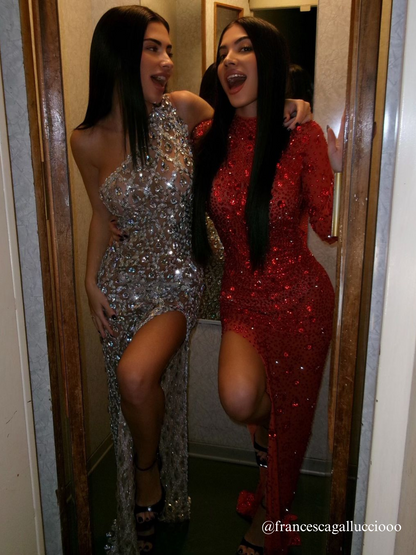 Liora One Shoulder Sequin Crystal Maxi Dress