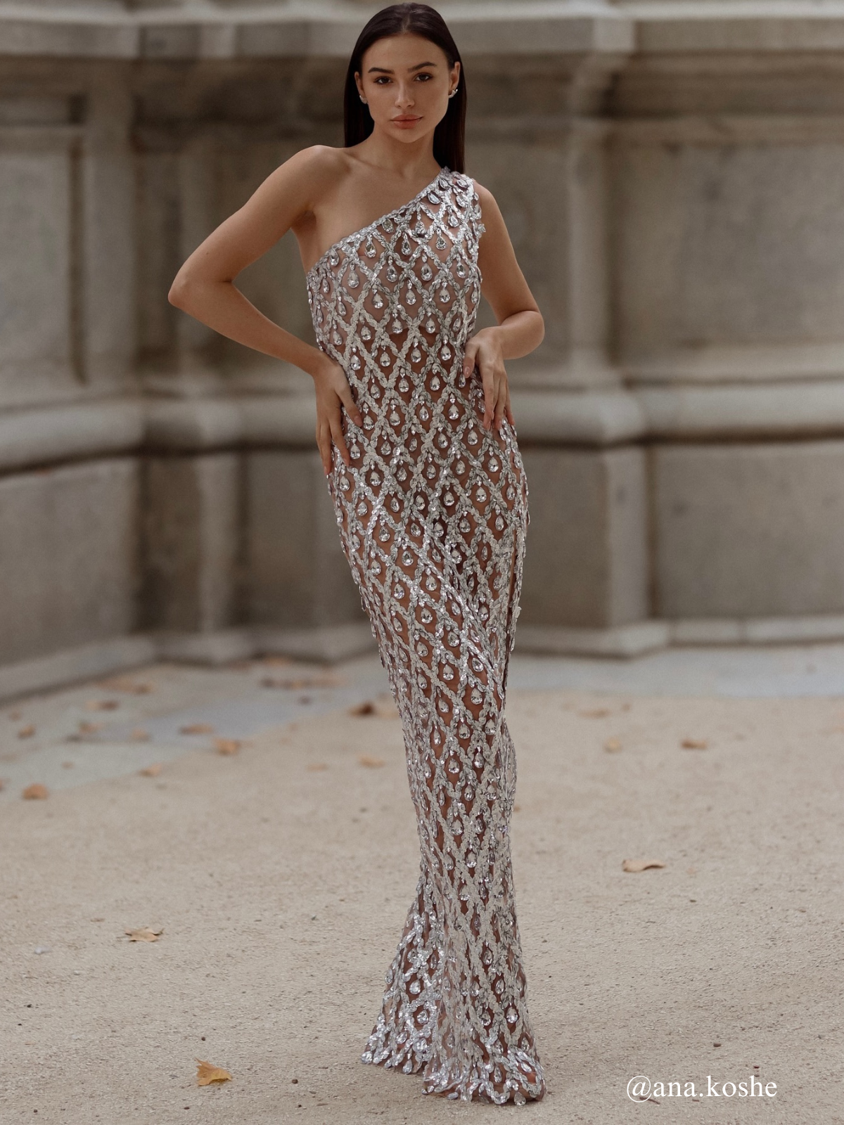 Liora One Shoulder Sequin Crystal Maxi Dress