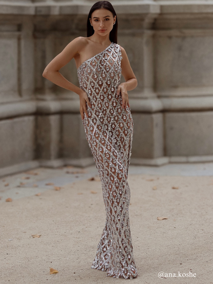 Liora One Shoulder Sequin Crystal Maxi Dress