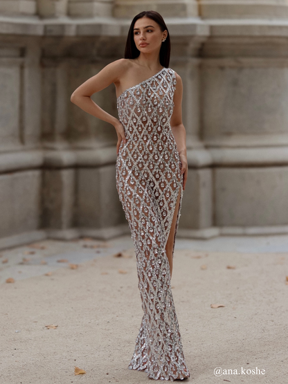 Liora One Shoulder Sequin Crystal Maxi Dress