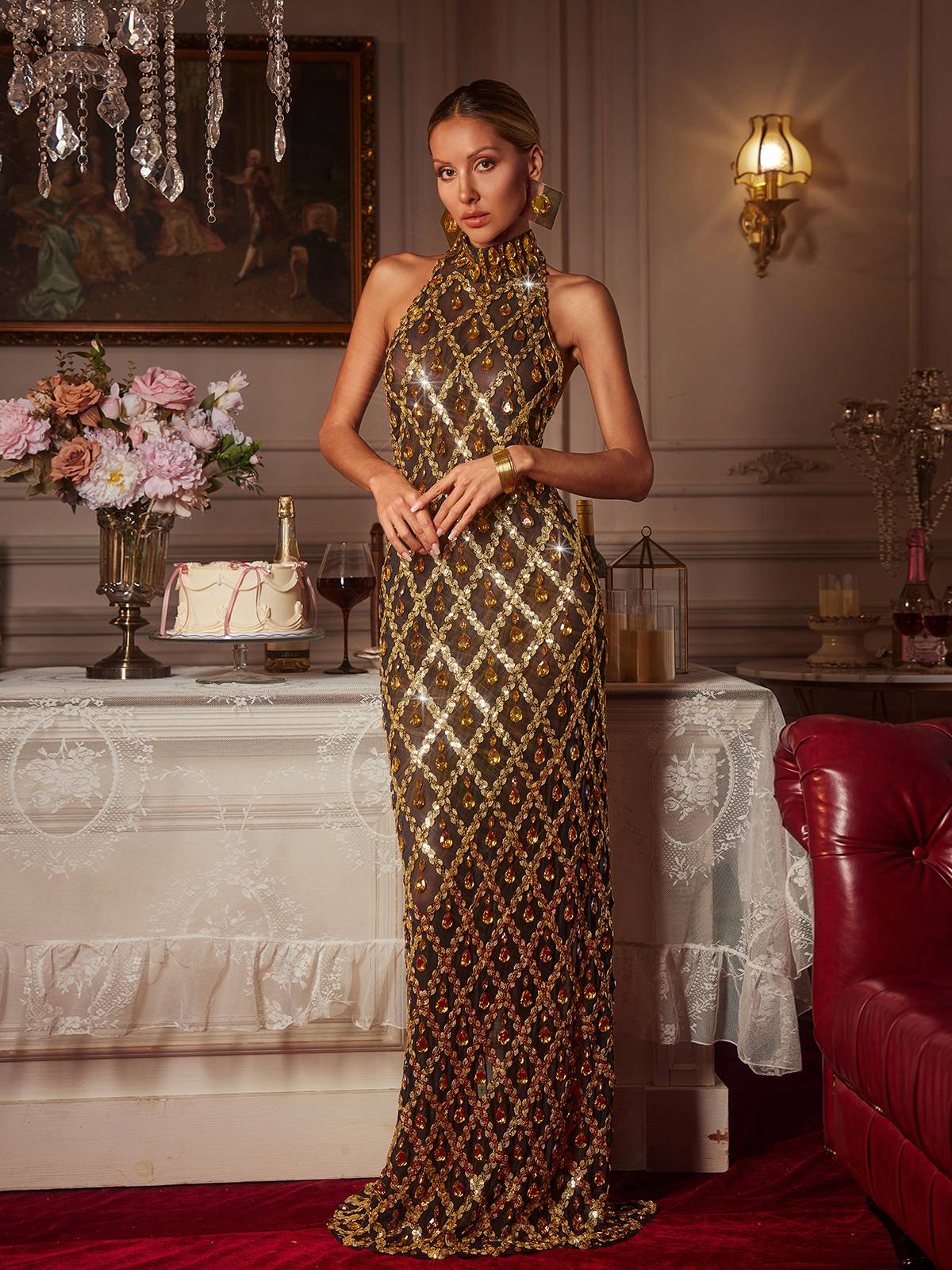 Liora Sequin Crystal Maxi Dress In Gold