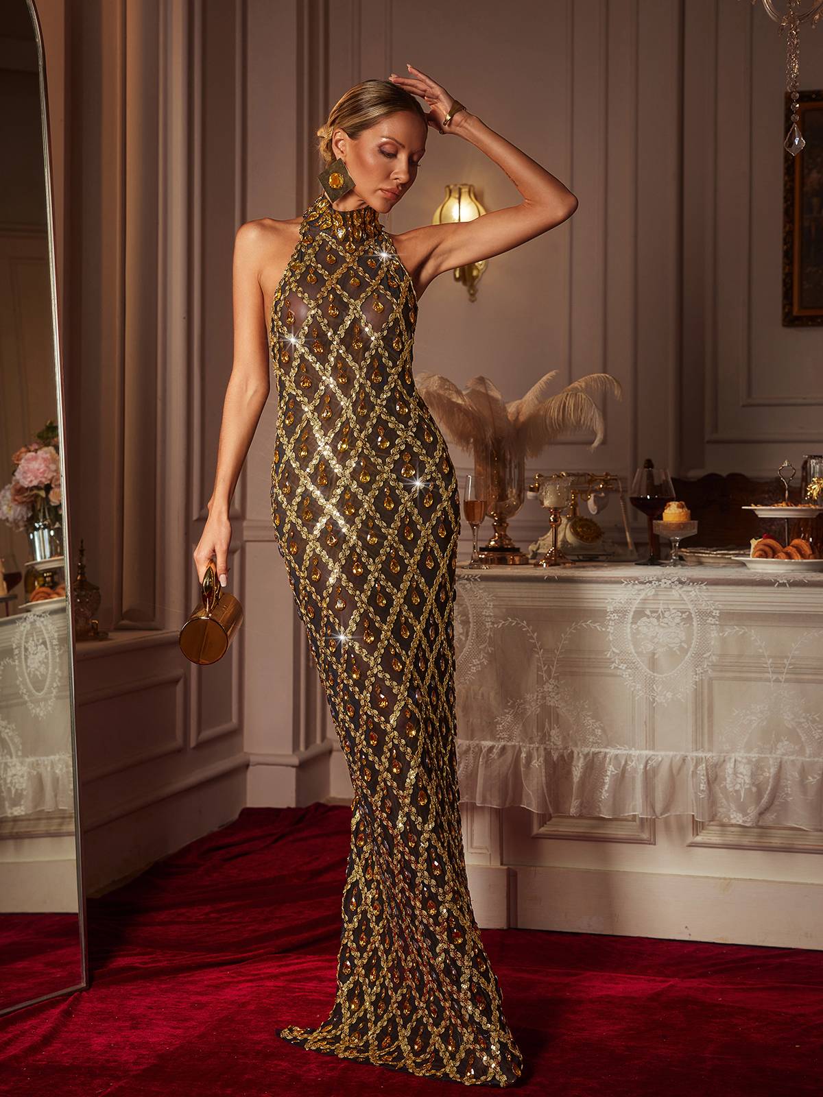 Liora Sequin Crystal Maxi Dress In Gold