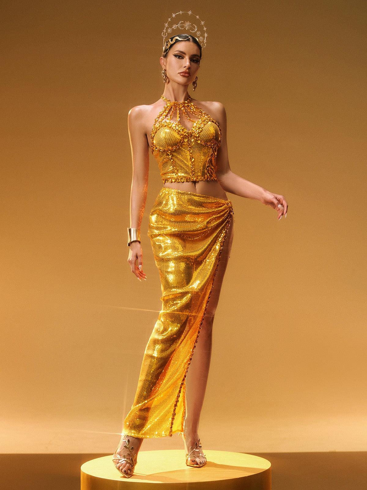 Liorah Halterneck Sequin Skirt Set In Gold