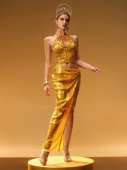 Liorah Halterneck Sequin Skirt Set In Gold