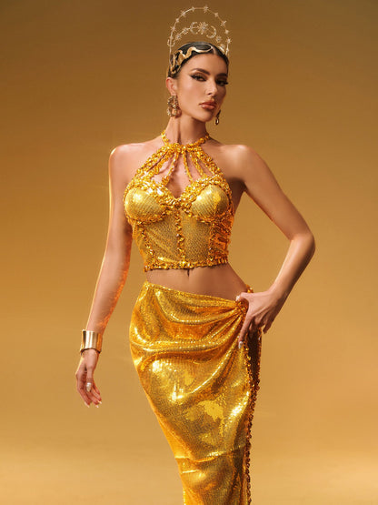 Liorah Halterneck Sequin Skirt Set In Gold